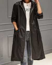 Charlotte | Damen Wasserabweisender Langer Kapuzen-Trenchcoat aus Polyester – Schwarz