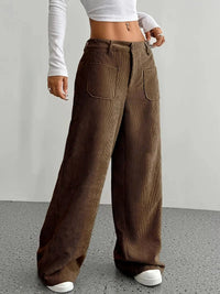 Damen Weite Hose mit Hohem Bund Knopfverschluss und Aufgesetzten Taschen – Braun