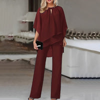 Mia | Damen Wide-Leg-Hose Zweiteiler Chiffon Lagenlook Hosenset – Weinrot