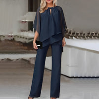 Mia | Damen Wide-Leg-Hose Zweiteiler Chiffon Lagenlook Hosenset – Marine