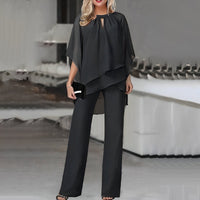Mia | Damen Wide-Leg-Hose Zweiteiler Chiffon Lagenlook Hosenset – Schwarz
