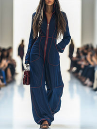 Amelie | Damen Wide-Leg Langarm-Jumpsuit mit Reißverschluss Kontrastnähten – Dunkelblau