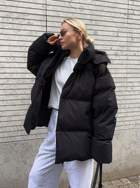 Damen-Winterjacke mit Kapuze und Reißverschluss vorne – Schwarz