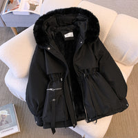 Damen Winterjacke mit Kunstfell-Kapuze und Kordelzug – Schwarz