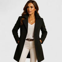 Frieda | Damen Women Coat Eleganter Langer Mantel mit Knopfleiste – Schwarz