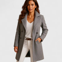 Frieda | Damen Women Coat Eleganter Langer Mantel mit Knopfleiste – Grau
