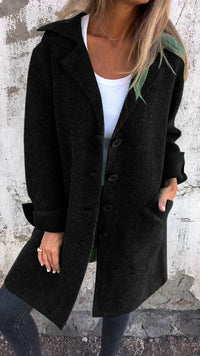 Nora | Damen Women Coat Lässiger Langer Mantel mit Revers und Knöpfen – Schwarz