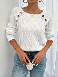 Leonie | Damen Zopfmuster Knit Sweater Rundhals Raglanärmel mit Knöpfen – Weiß