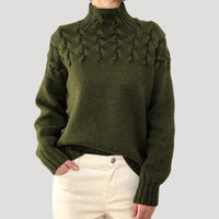 Sophie | Damen Zopfmuster Rollkragen Strick Sweater – Dunkelgrün