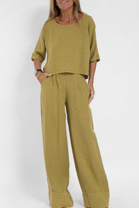 Damen Zweiteiliges Set mit Rundhals-Oberteil Halblangen Ärmeln und Weiter Hose mit Hohem Bund – Khaki