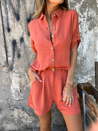 Damen Zweiteiliges Sommer Set mit Knopfleiste und Hemdkragen – Orange