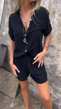 Damen Zweiteiliges Sommer Set mit Knopfleiste und Hemdkragen – Schwarz