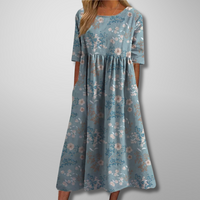 Dorothea | Midikleid mit Aquarell-Blumendruck – Hellblau