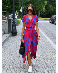 Lange Wickelkleid für Frauen | Tailliertes Design | Punkte-Muster – Rot Blau