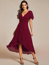 Damen Sommer Asymmetrisch Hochzeitsgast Midikleid – Bordeaux