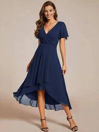 Damen Sommer Asymmetrisch Hochzeitsgast Midikleid – Dunkelblau