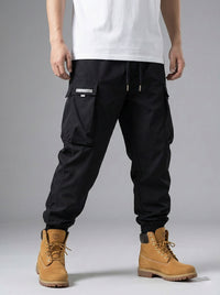 Jogger Tapered Cargo Hose für Herren mit Kordelzug und Bündchen – Schwarz