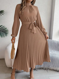 Sana | Damen Abend Plissierter Hochgeschlossener Midikleid – Khaki