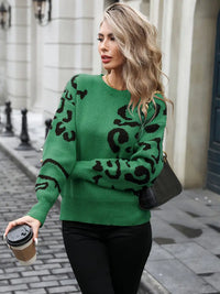 Clivonia | Wildheit und Eleganz Leopardenmuster Rundhalsausschnitt Pullover – Grün