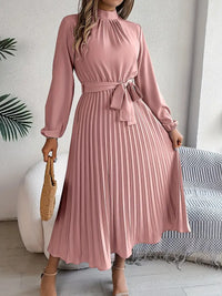Sana | Damen Abend Plissierter Hochgeschlossener Midikleid – Rosa