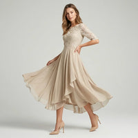 Ella | Damen Festliches Spitzen Midikleid – Beige
