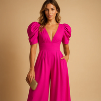 Eleganter V-Ausschnitt- Jumpsuit für Damen | Hochzeitsgäste – Rote Rose