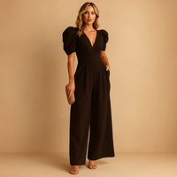 Eleganter V-Ausschnitt- Jumpsuit für Damen | Hochzeitsgäste – Schwarz