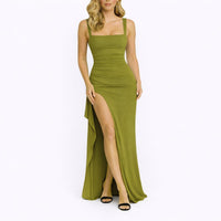 Johanna | Elegantes Maxi-Kleid für Hochzeitsgäste im Herbst mit Beinschlitz – Grün