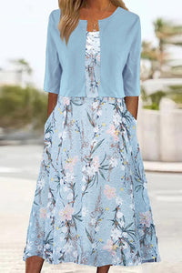 Elise | Zweiteiliges Blumen Midikleid – Hellblau