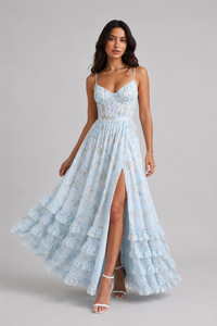 Ella | Damen Romantisches Beinschlitz Blumen Maxikleid – Blau