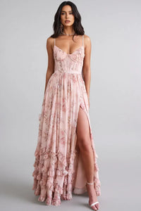 Ella | Damen Romantisches Beinschlitz Blumen Maxikleid – Rosa