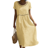 Emilia | Leinenlook-Midikleid mit Spitze – Gelb