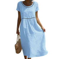 Emilia | Leinenlook-Midikleid mit Spitze – Blau