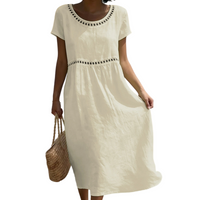 Emilia | Leinenlook-Midikleid mit Spitze – Beige