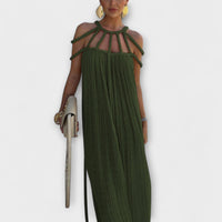Brinaya – Maxikleid aus Leinenmischung mit geflochtenem Dekolleté – Olivgrün