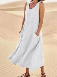 Heidi-Mode | Luftiges Leinen Sommerkleid mit Taschen – Beige Weiß