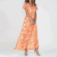 Langes Sommerkleid mit Blumenmuster – Orange