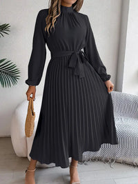 Sana | Damen Abend Plissierter Hochgeschlossener Midikleid – Schwarz