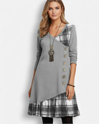 Langärmliges Karo-Damenkleid mit A-Linien-Schnitt – Grau