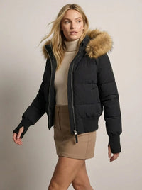 Kurze Jacke für Damen mit hohem Kragen und abnehmbarer Kapuze – Schwarz