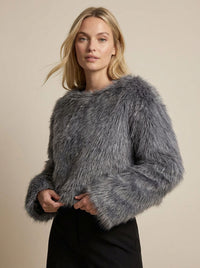 Cropped flauschiger Strickpullover für Damen mit weiten Ärmeln und U-Boot-Ausschnitt – Grau