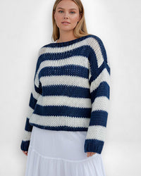 Gestreifter Pullover für Damen mit überschnittenen Schultern und Langarm-Design – Blau