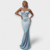 Thalia - Floral Print Prom Dress mit gebundenen Schulterträgern – Blau