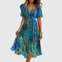 Helga | Florales V-Ausschnitt Midikleid – Blau/Grün