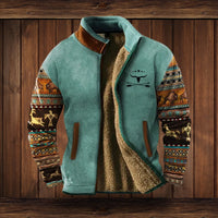 Alexander | Herren Fleece-Outdoorjacke mit Azteken-Muster Sherpa-Futter Reißverschluss – Blau 2