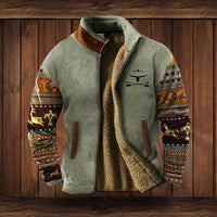 Alexander | Herren Fleece-Outdoorjacke mit Azteken-Muster Sherpa-Futter Reißverschluss – Grau