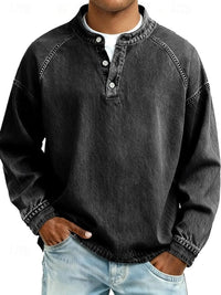Dominik | Herren Retro Henley Strick Langarm im Used-Look – Schwarz