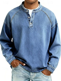 Dominik | Herren Retro Henley Strick Langarm im Used-Look – Hellblau