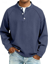 Dominik | Herren Retro Henley Strick Langarm im Used-Look – Dunkelblau