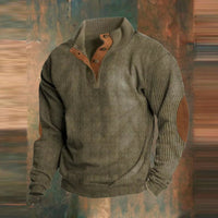 Maximilian | Herren Retro Rippstrick Pullover mit Knopfkragen und Ellbogenpatches – Grün
